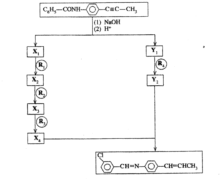 Reaction scheme: the amide C_6H_5CONH–C_6H_4–C≡C–CH_3 is hydrolysed (1. NaOH, 2. H^+) to X_1 and Y_1; X_1 → X_2 → X_3 → X_4 using R_1, R_2, R_3; Y_1 → Y_2 using R_4; X_4 and Y_2 combine to give the final product