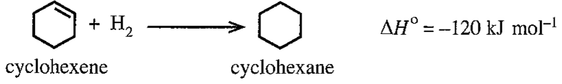 Cyclohexene + H_2 → cyclohexane, ΔH° = −120 kJ mol^{−1}